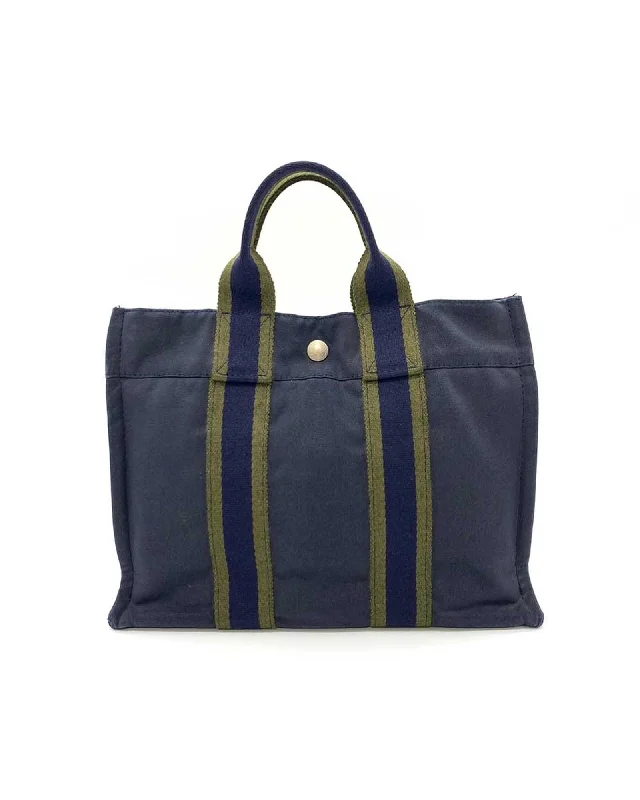 Authentic Hermes Cotton Canvas Tote Bag in Navy and Khaki Green