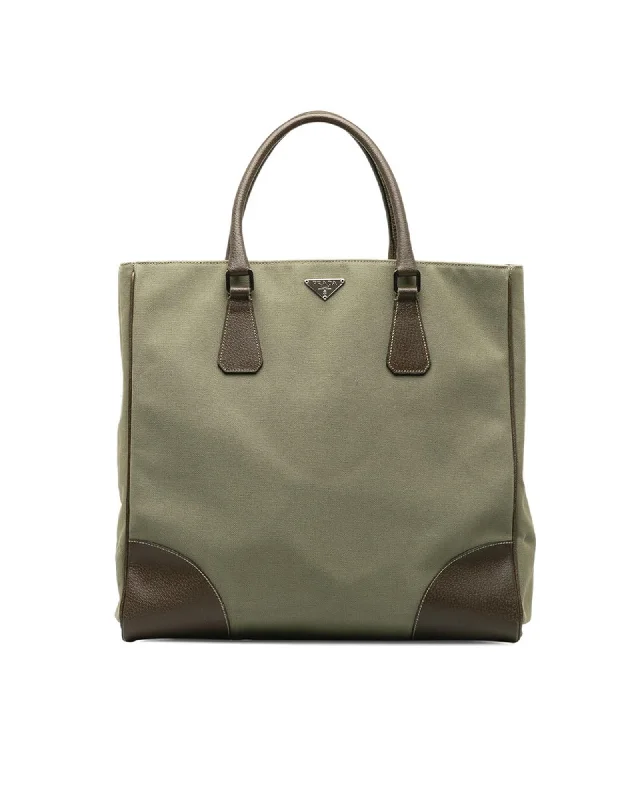 Canvas Leather Triangle Logo Tote Bag in Khaki Brown - Used A Condition