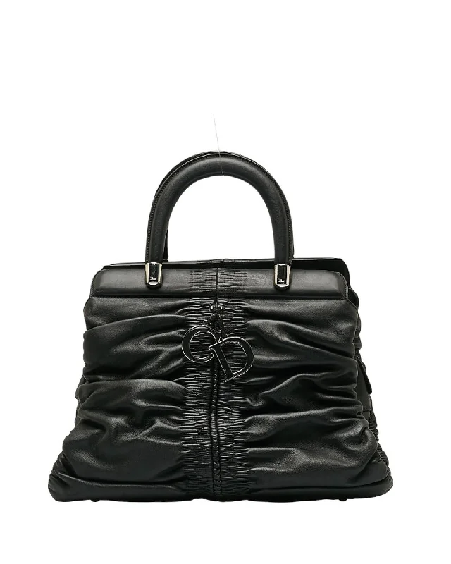 Black Leather Handbag with Shirring Detail by Dior