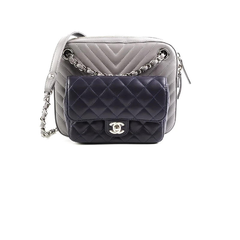 Chanel Quilted Navy/Chevron Grey Lambskin Shoulder Bag