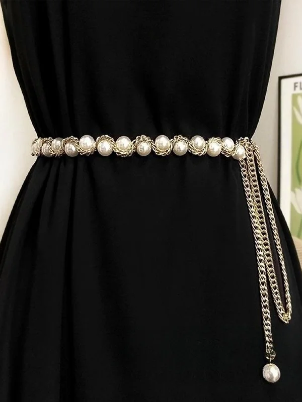 1pc Women's Golden Fashionable Pearl Decor Waist Chain, All-match Accessory To Match Dresses, Shirts, Etc.