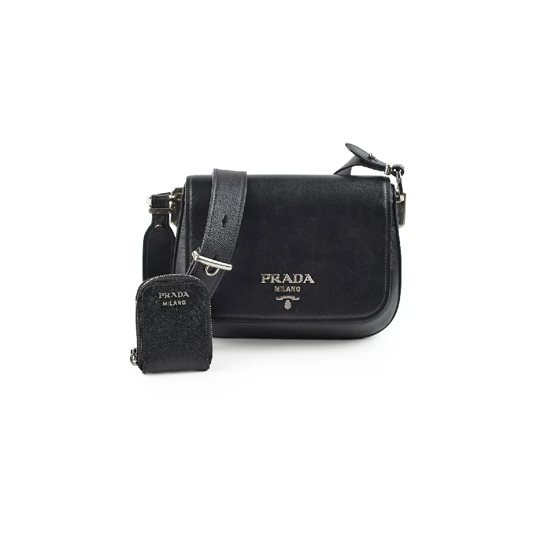 Prada Saffiano Flap Pattina In Pelle Black Crossbody Bag