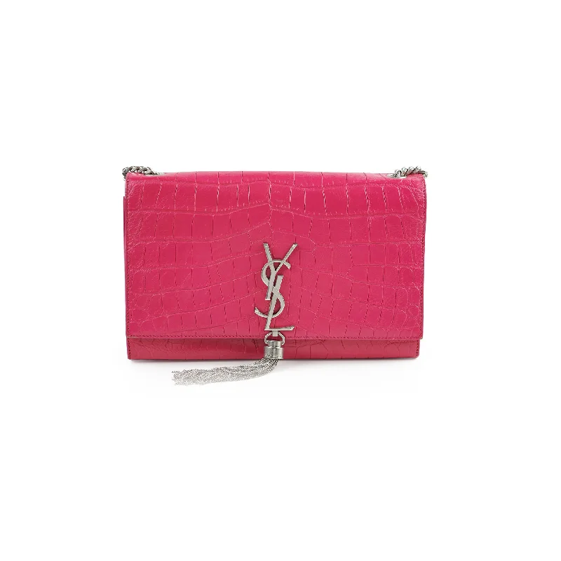 Saint Laurent Croc Embossed Kate Tassle Bag Pink