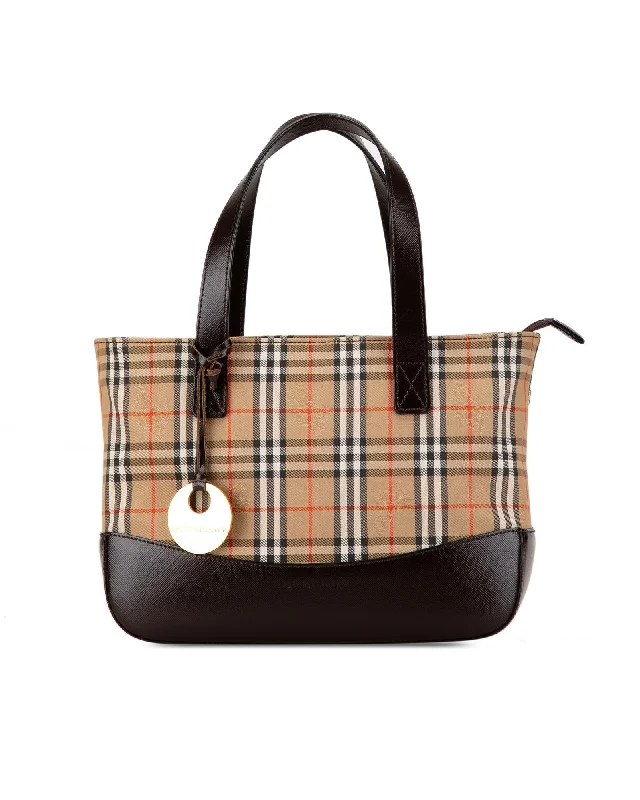 Haymarket Check Canvas Handbag with Leather Bottom and Top Zip Closure