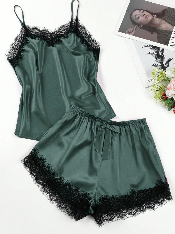 2pcs/Set Imitation Silk & Lace Splice Cami Top And Shorts, Home Wear