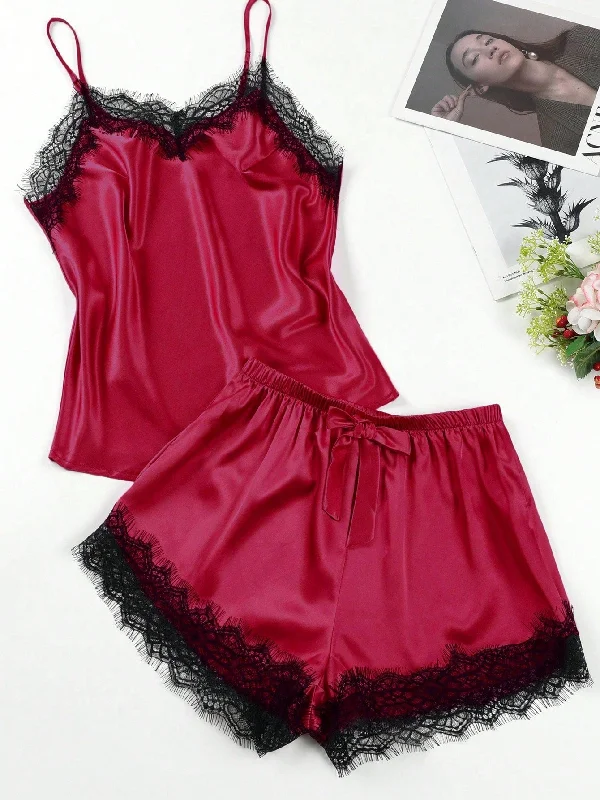 2pcs/Set Silk Imitation Lace Splicing Camisole & Shorts Homewear