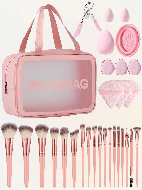 30PCS Makeup Tools Set Including: 1PCS Multi-Functional Zipper Toiletry And Cosmetic Bag Waterproof+18PCS Makeup Brush Sets+1PCS Makeup Brush Cleaning Tools+6PCS Makeup Puff+3PCS Makeup Sponge+1PCS Eyelash Curler