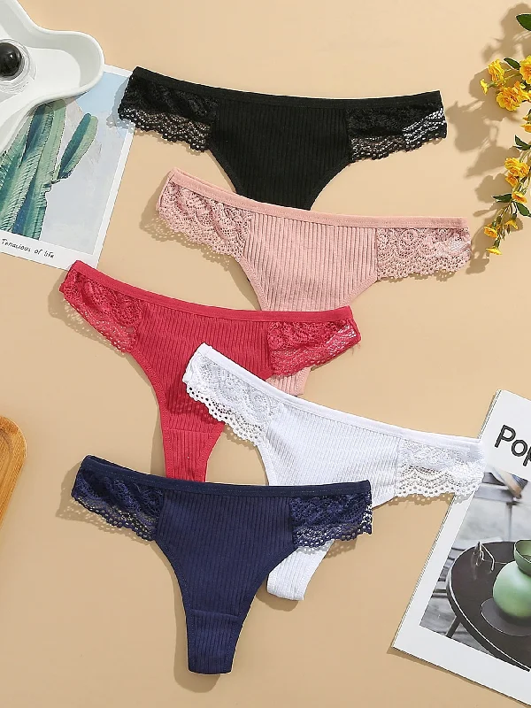 5pack Contrast Lace Ribbed Knit Thong