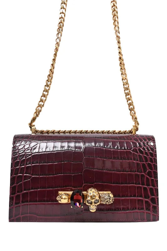 Alexander McQueen Burgundy Croc Embossed Leather Jewelled Chain Bag