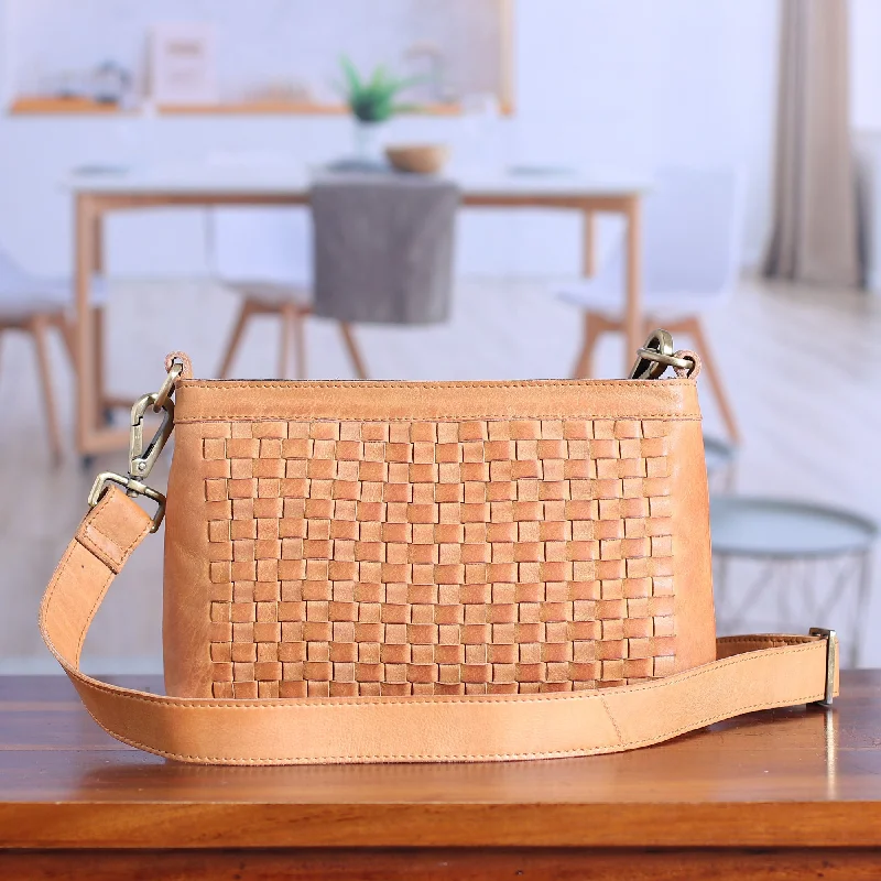 Basketweave-Patterned Caramel Leather Adjustable Sling Bag - Caramel Lifestyle