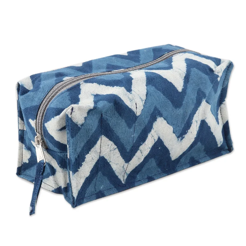 Blue Cotton Travel Case with Hand-Block Printed Wavy Pattern - Azure Waves