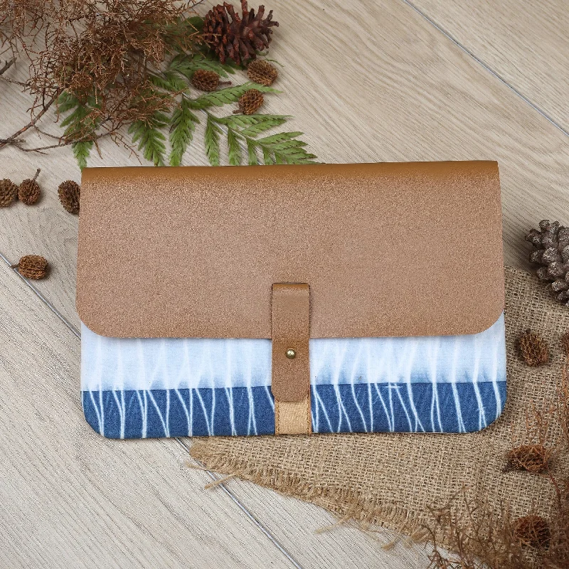 Blue Faux Leather and Cotton Clutch with Button Closure - The Lake