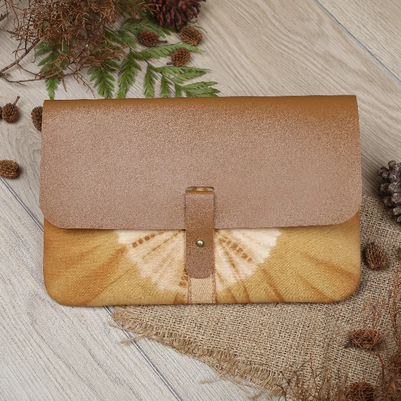 Brown Faux Leather and Cotton Clutch with Button Closure - The Dandelion