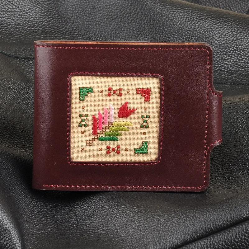 Brown Leather Wallet with Floral Cross-Stitch Textile Accent - Frugal Tradition in Brown