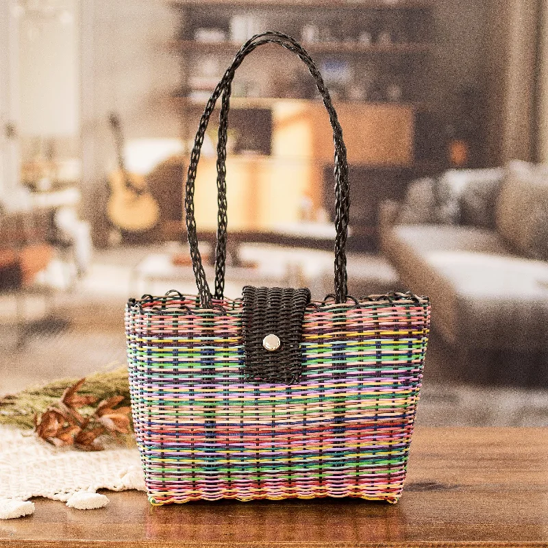 Eco-Friendly Hand-Woven Recycled Vinyl Cord Tote Bag - Colors of Happiness