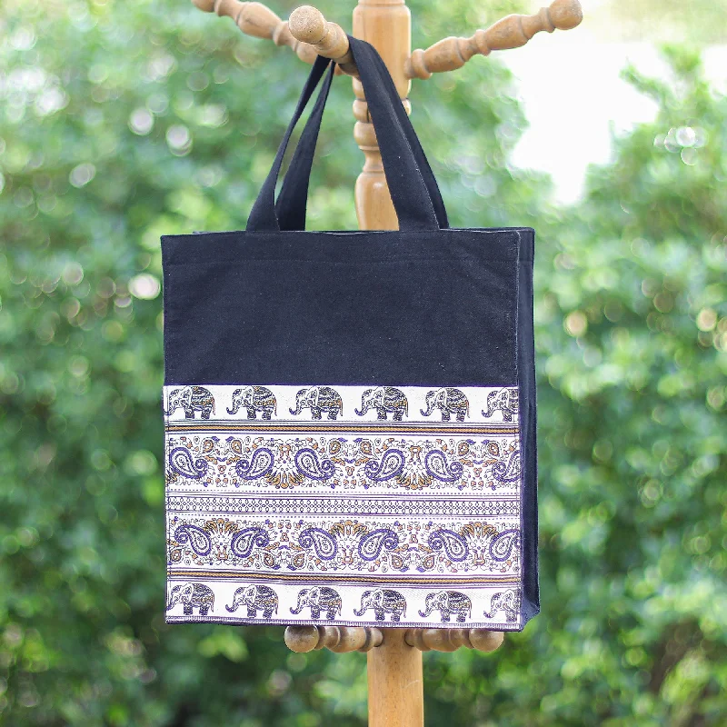 Elephant and Paisley Printed Cotton Tote Bag from Thailand - Sage Day