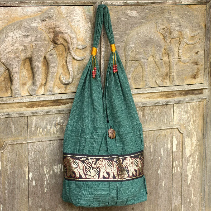 Elephant Embroidery Shoulder Bag - Emerald Thai