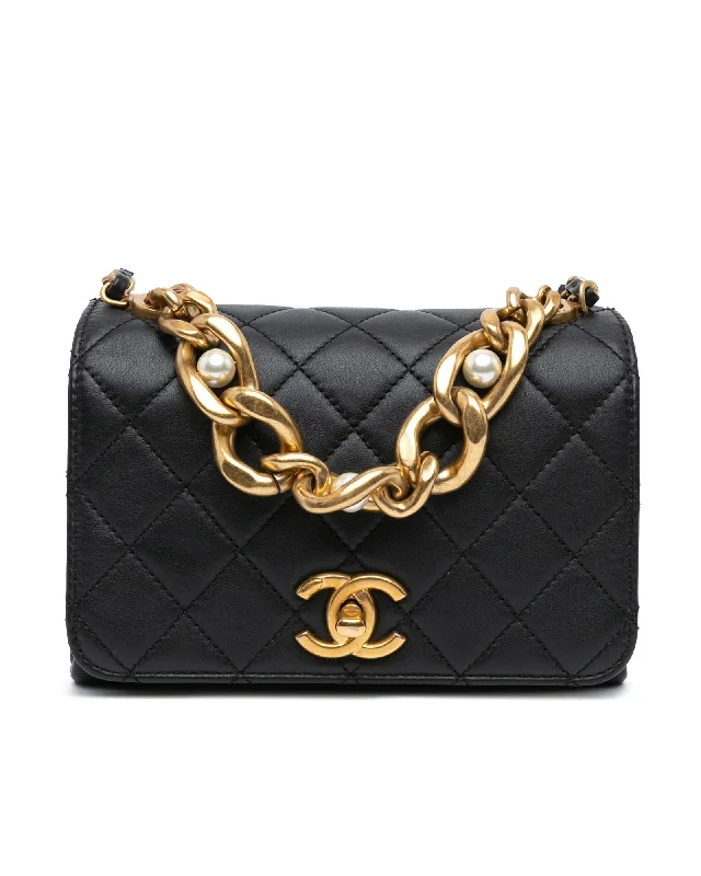 Quilted Calfskin Flap Satchel with Pearl Chain Details