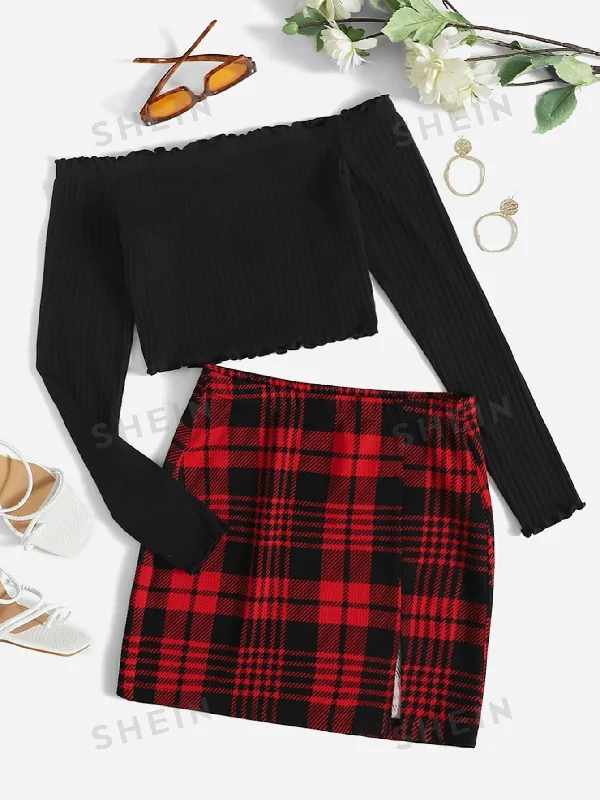 Essnce Ribbed Knit Lettuce Trim Off Shoulder Crop Top & Plaid Print Split Hem Skirt