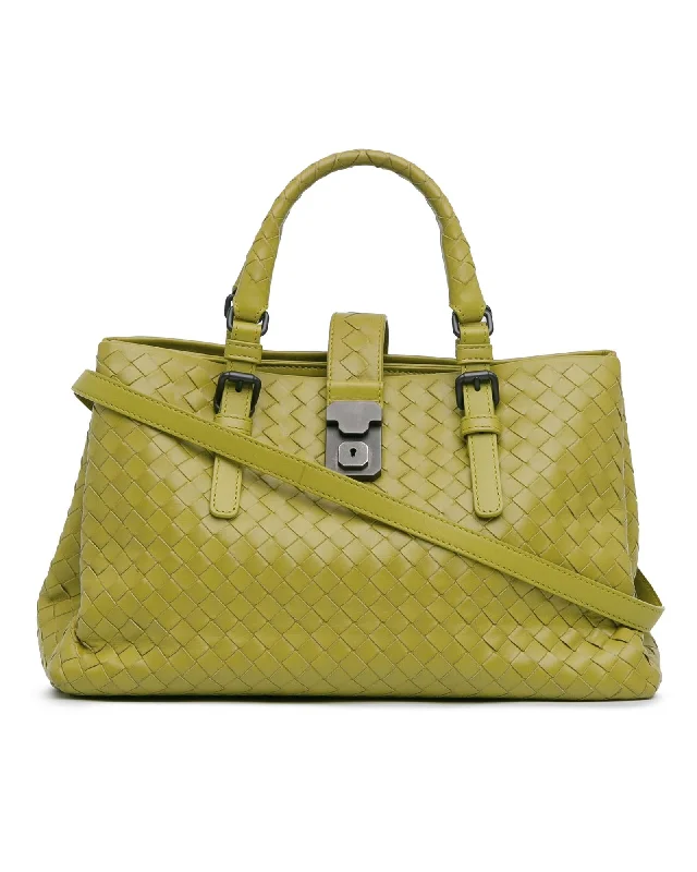 Small Intrecciato Roma Woven Leather Satchel with Detachable Strap and Interior Zip Pocket