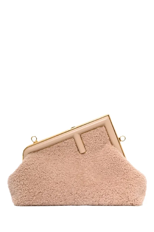 Fendi Pink Shearling Small First Clutch with Strap