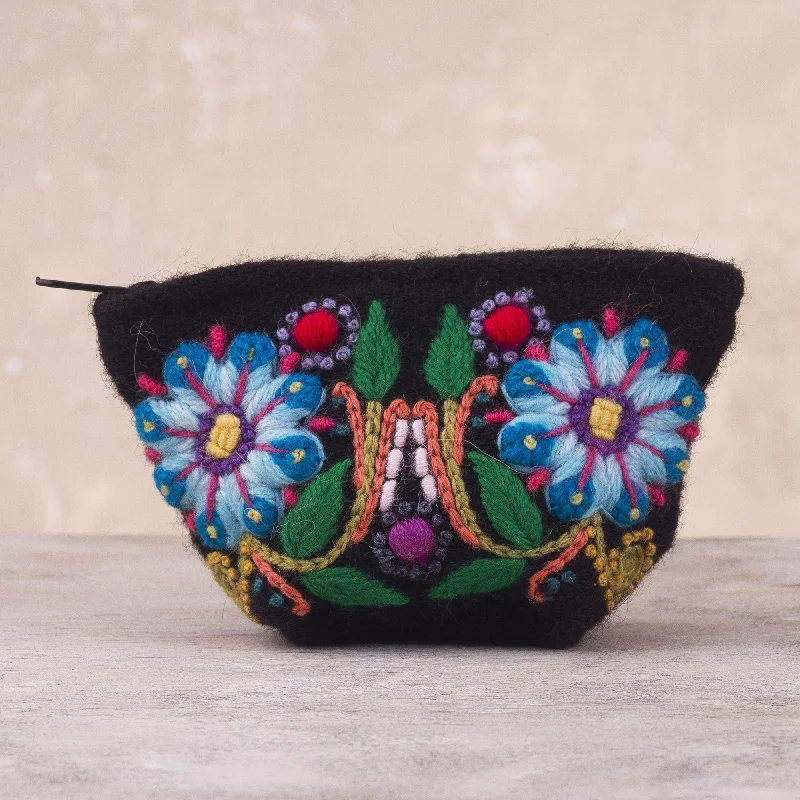 Floral Embroidered Alpaca Blend Coin Purse from Peru - Peruvian Shopper