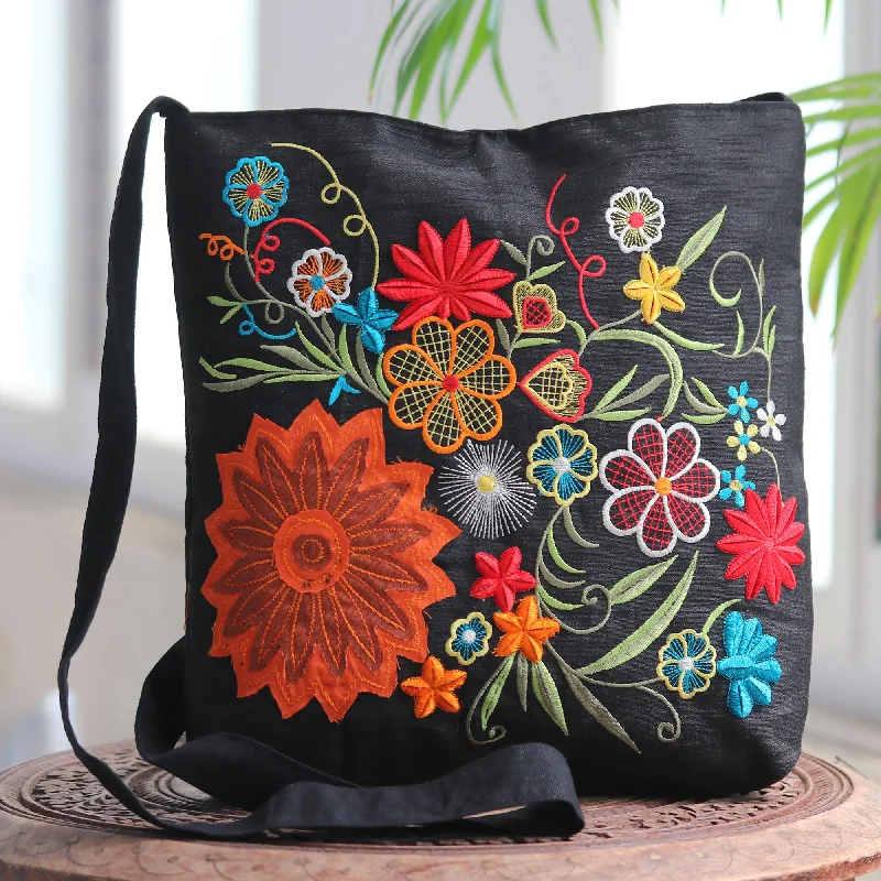 Floral Embroidery on Black Cotton Blend Shoulder Bag - Tropical Paradise