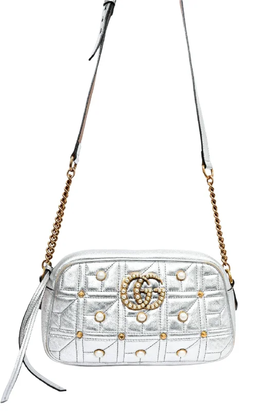 Gucci Silver Leather Pearl Studded Marmont Crossbody Bag