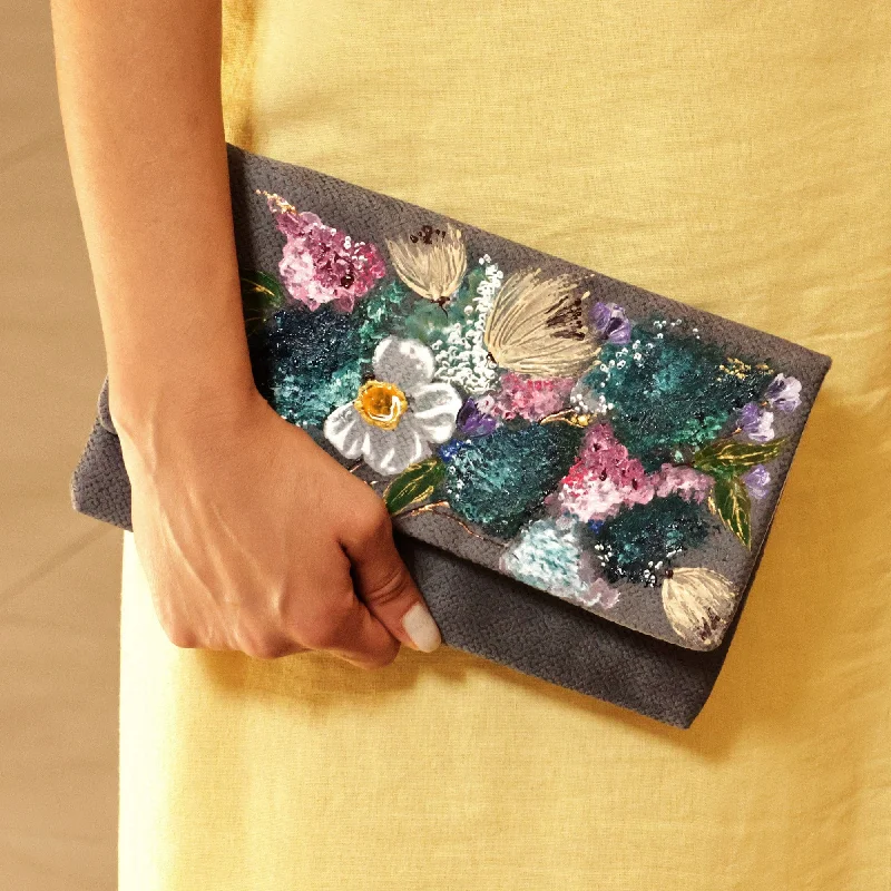 Hand-Painted Floral Grey Velvet Clutch from Armenia - Armenian Breeze