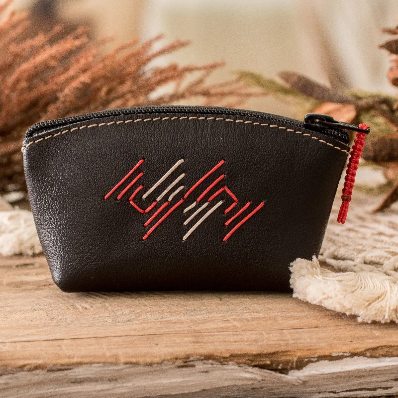 Handcrafted 100% Leather Coin Purse in Black Red and Grey - Urban Elegance