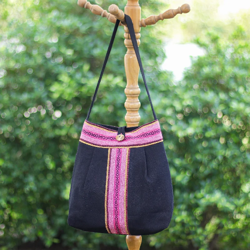 Handcrafted Black and Pink Cotton Shoulder Bag from Thailand - Thai Caprice