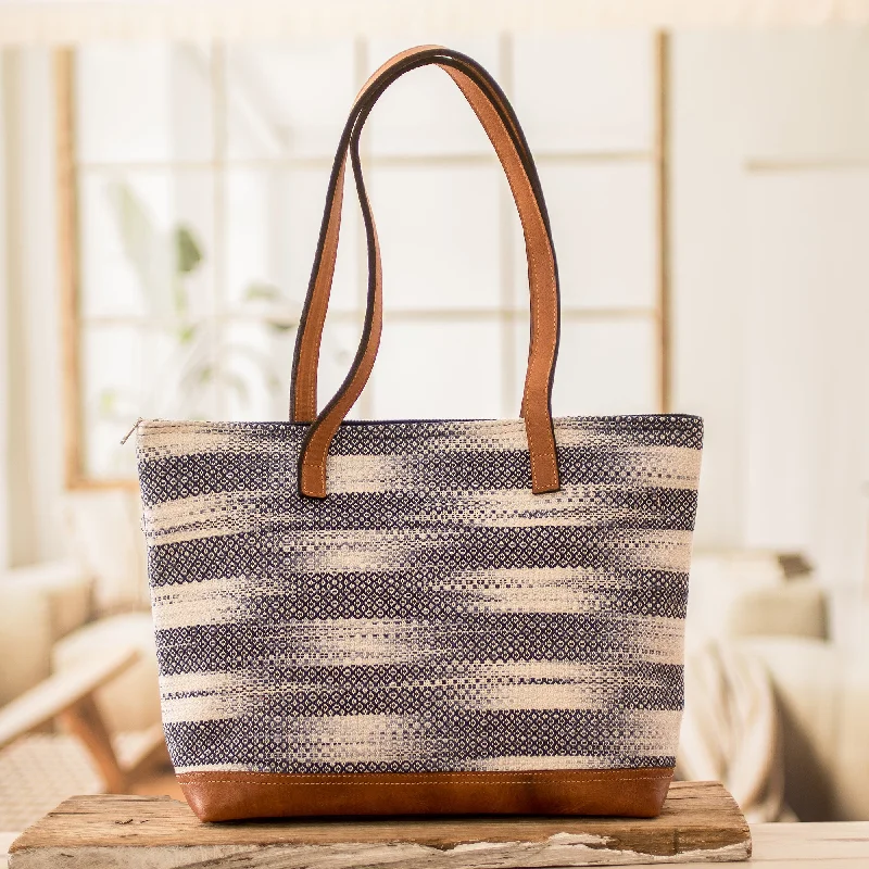 Handwoven Cotton Tote Bag with Leather Bottom Panel & Straps - Colors of Tradition