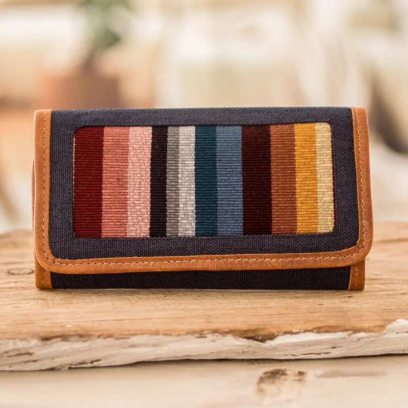 Handwoven Cotton Wallet with Leather Trim & Colorful Stripes - Ethereal Blue