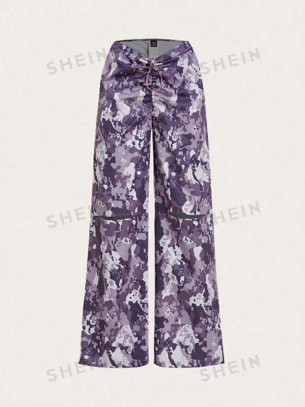 ICON Camo Print Drawstring Ruched Wide Leg Pants