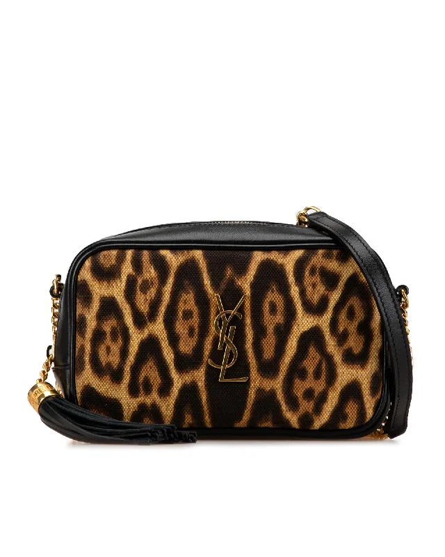 Mini Canvas Leopard Print Lou Camera Bag with Leather Trim and Chain Strap