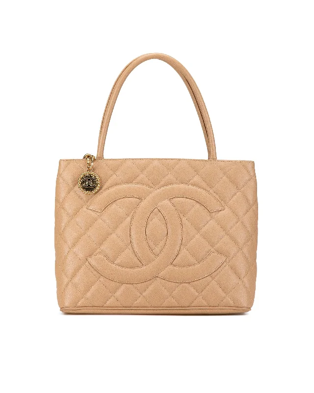 Quilted Leather Medallion Tote with Rolled Handles and Zip Closure