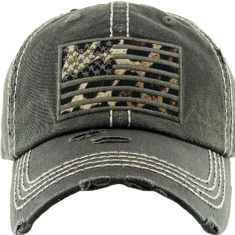 KBV1341 Leopard Print American Flag Vintage Washed Ball Cap