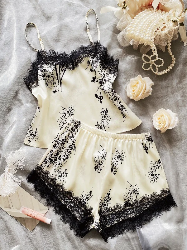 Lace Trim Plants Print Satin Night Set