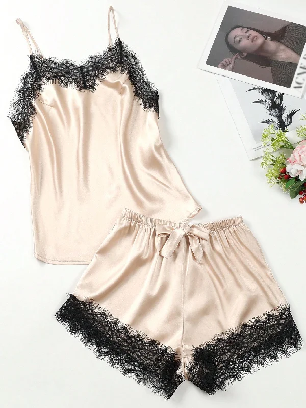 Lace Trim Satin Cami Top & Shorts PJ Set