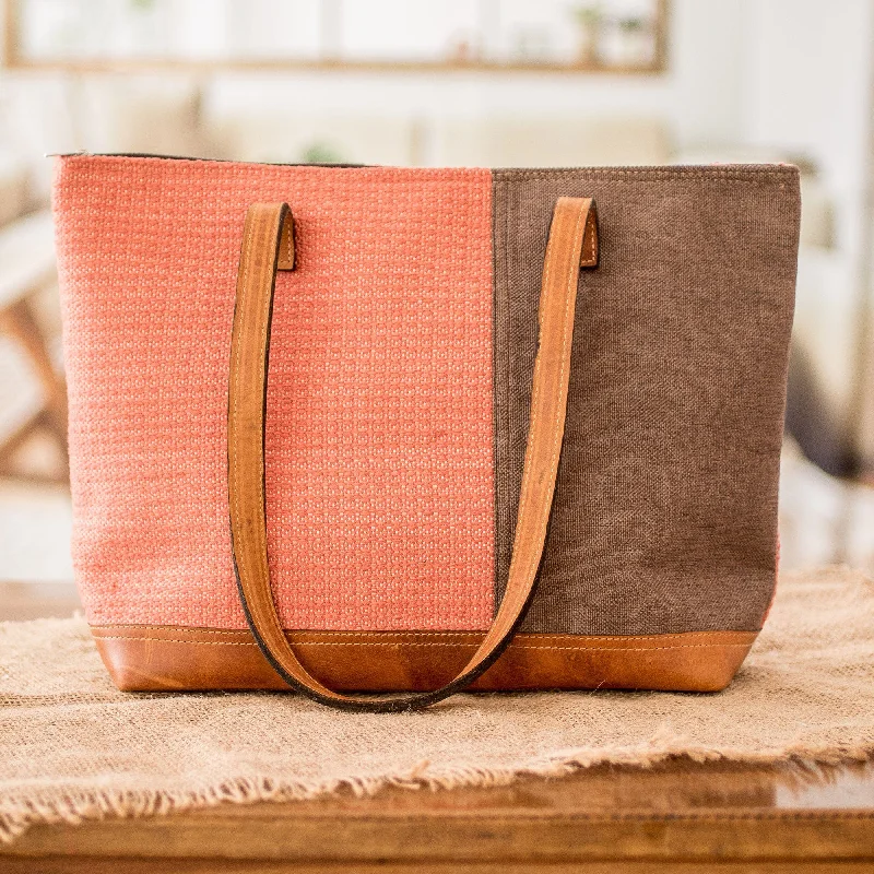 Leather-Accented Cotton Shoulder Bag in Salmon and Taupe - Salmon Diversity