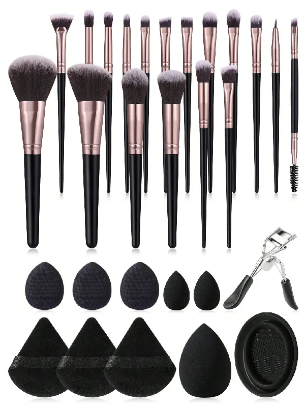 Makeup tool set 18pcs makeup brush sets+1PCS Cleaning brush+6PCS Makeup Puff+3PCS Makeup Sponge+ 1PCS eyelash curler