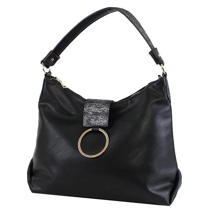 HB27101  Hobo Style Bag with Fold Over Faux Snakeskin Detail