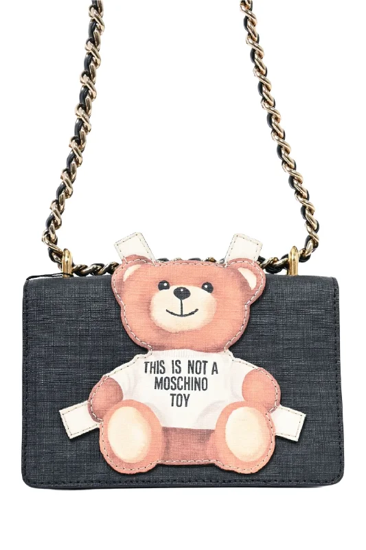 Moschino Black Leather Bear Crossbody Bag