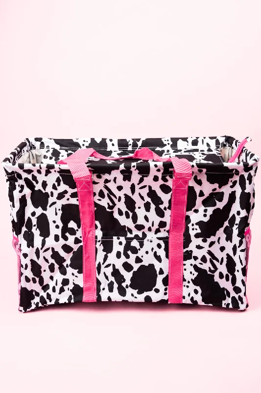 Deja Moo with Hot Pink Trim Collapsible Double Haul-It-All Basket with Mesh Pockets and Lid