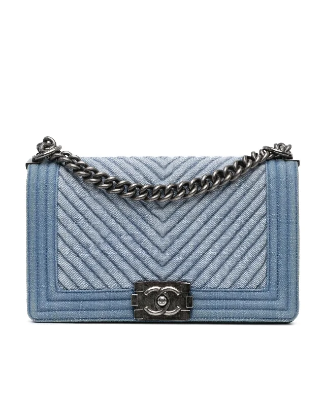 Quilted Denim Boy Flap Bag with Curb Chain Strap