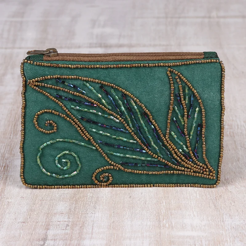 Pine Green Cotton and Silk Clutch with Leaf Motif Beading - Enchanting