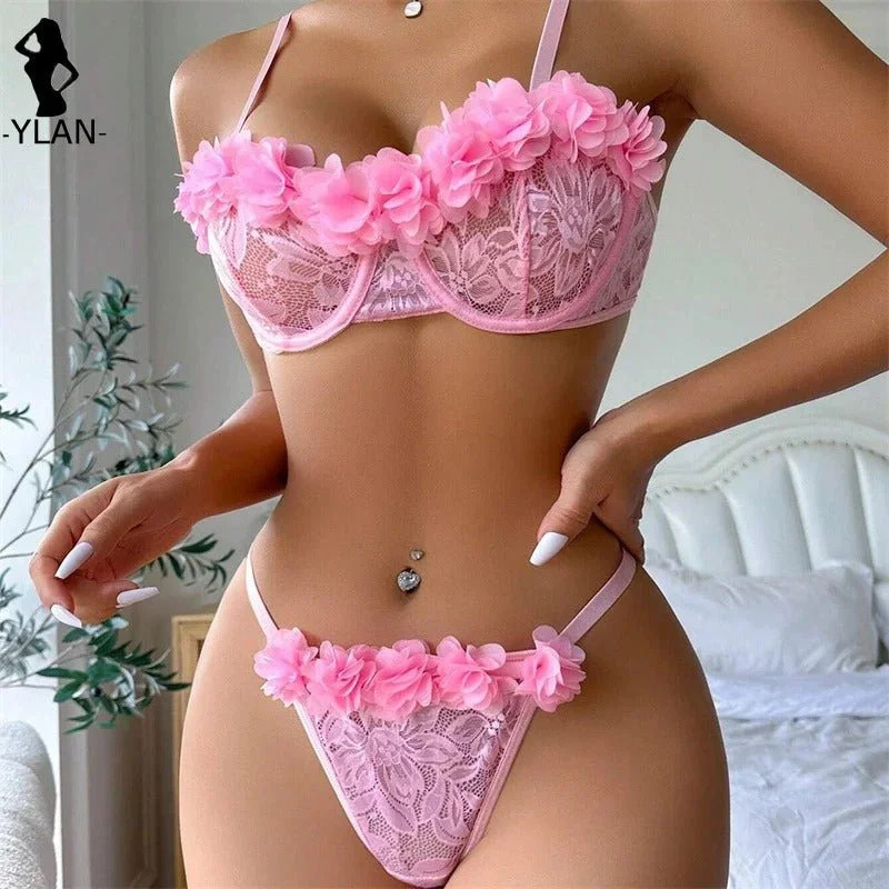 Pink Lace Transparent Lingerie Set