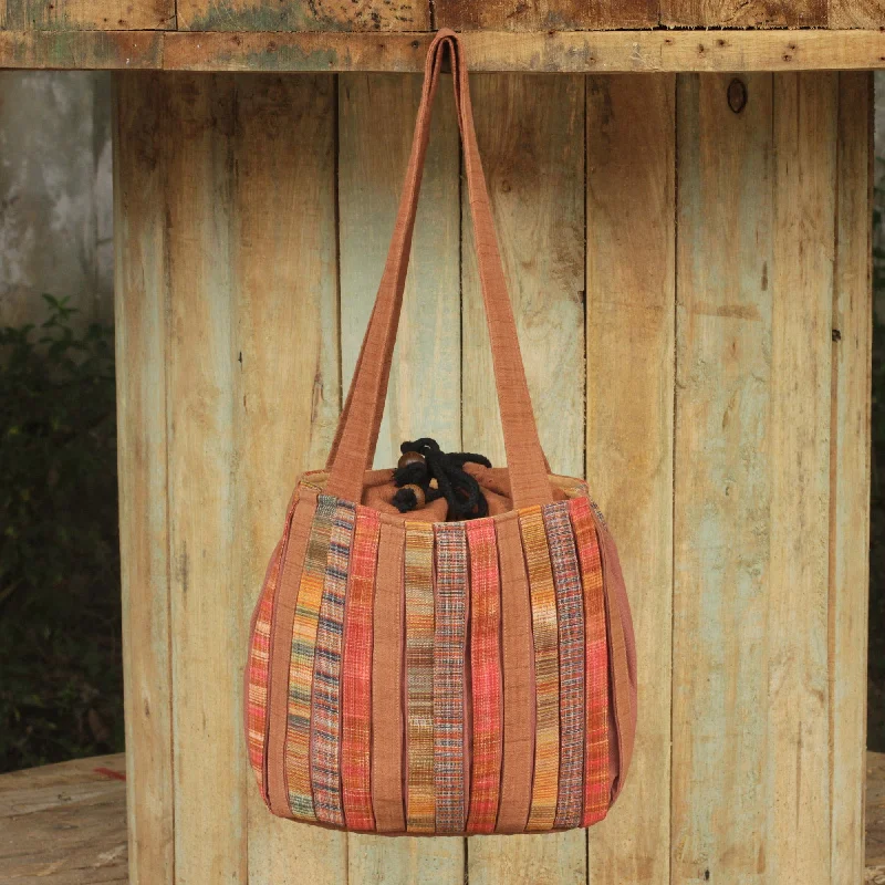 Pleated Shoulder Bag with 3 Pockets in Hand Woven Cotton - Oriental Brown