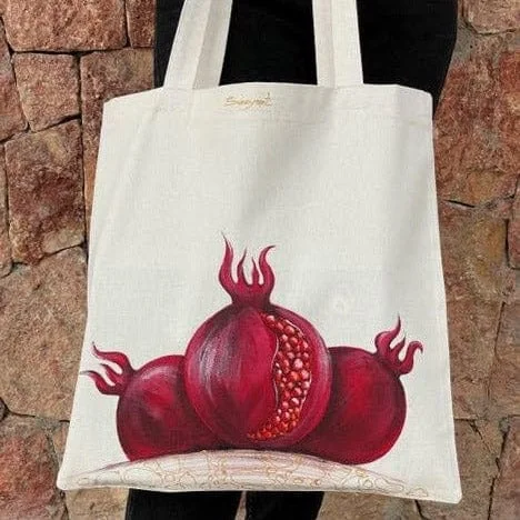 Pomegranate-Inspired Hand-Painted Red Cotton Tote Bag - Red Nur