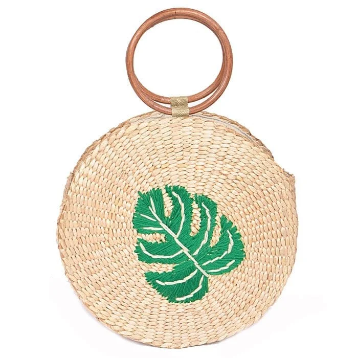 PP6939 Green Palm Woven Straw Wood Handled Handbag